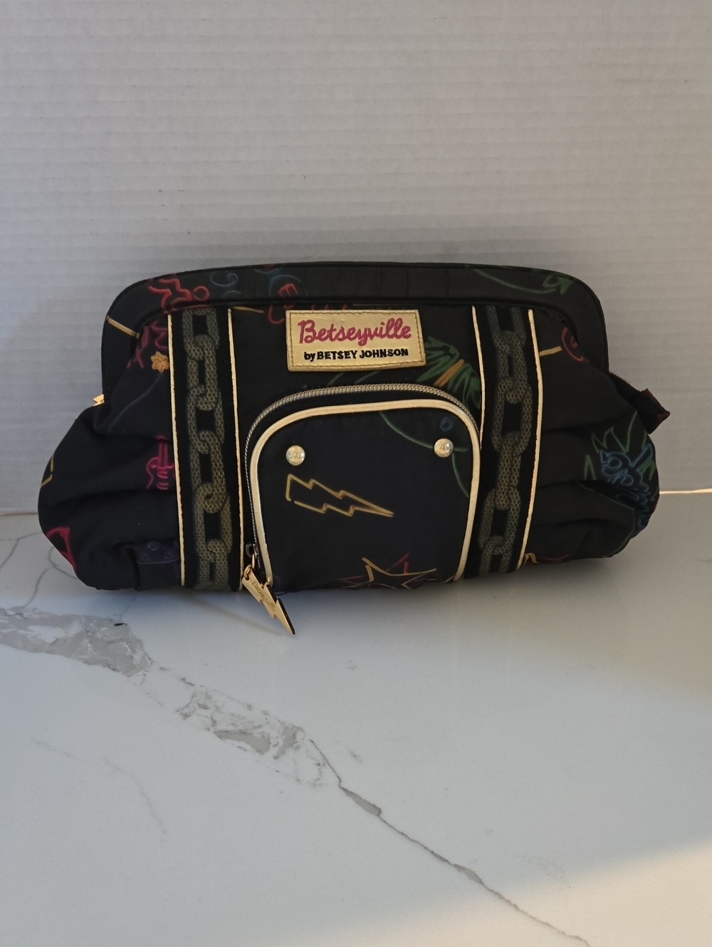 Betsey Johnson Black Graffiti Bag with Neon Scribble Accents and Gold Trim